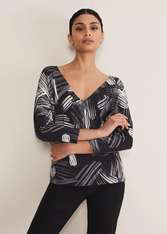 Phase Eight Knitwear Adara Linear Zip Neck Print Jumper Blackmulti 8211 Women Phase Eight Knitwear Adara Linear Zip Neck Print Jumper Blackmulti 8211 Women