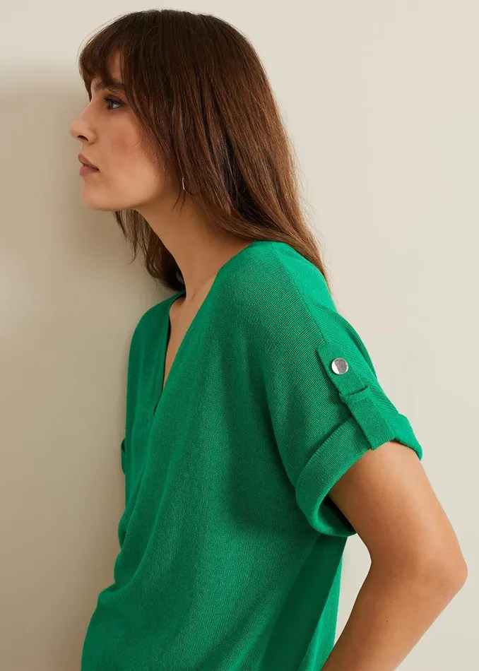 Phase Eight Knitwear Laura Linen Metal Button Tab Top Green 8211 Women