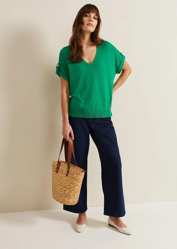 Phase Eight Knitwear Laura Linen Metal Button Tab Top Green 8211 Women
