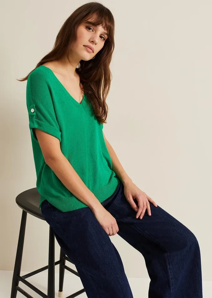 Phase Eight Knitwear Laura Linen Metal Button Tab Top Green 8211 Women