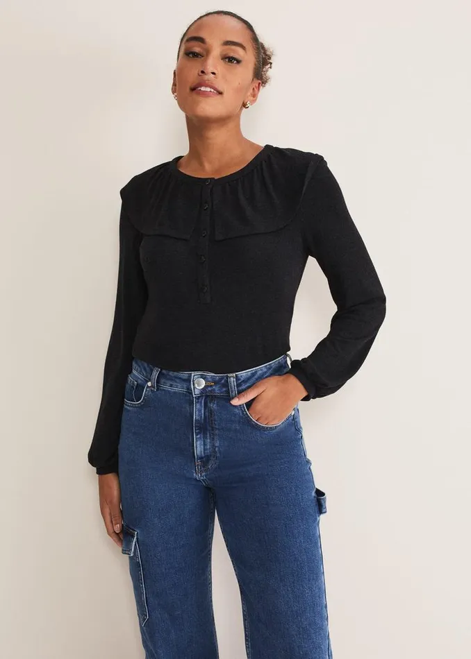 Phase Eight Tops and TShirts Anda Frill Detail Bor Top Charcoal 8211 Women