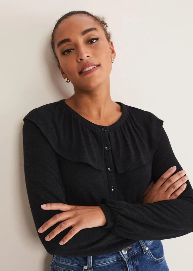 Phase Eight Tops and TShirts Anda Frill Detail Bor Top Charcoal 8211 Women