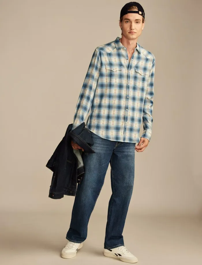 Plaid Dobby Western Long Sleeve Shirt Blue Multi Men Lucky Brand ButtonDowns