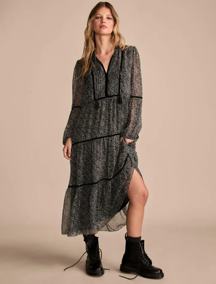 Printed Shine Chiffon Maxi Dress Black Ditsy Women Lucky Brand Dresses