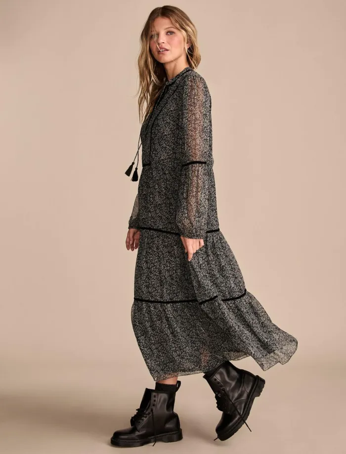 Printed Shine Chiffon Maxi Dress Black Ditsy Women Lucky Brand Dresses