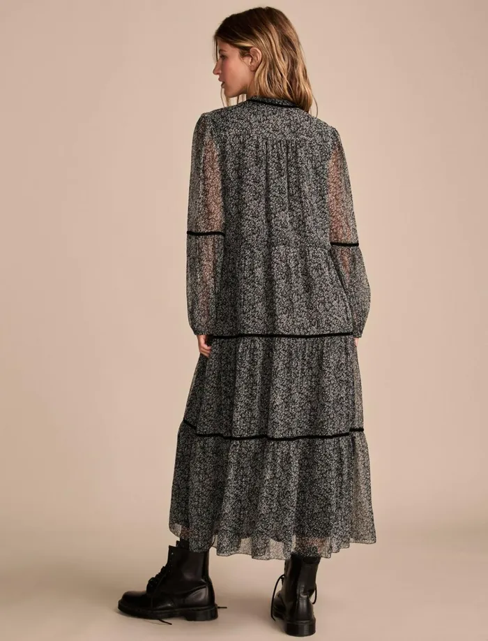 Printed Shine Chiffon Maxi Dress Black Ditsy Women Lucky Brand Dresses
