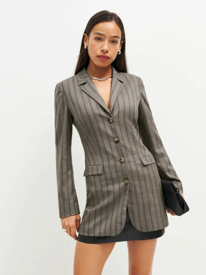 Reformation Outerwear Jacques Long Fitted Blazer Grey Pinstripe 8211 Women