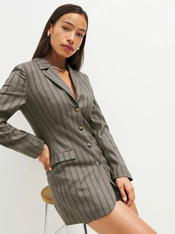 Reformation Outerwear Jacques Long Fitted Blazer Grey Pinstripe 8211 Women Reformation Outerwear Jacques Long Fitted Blazer Grey Pinstripe 8211 Women