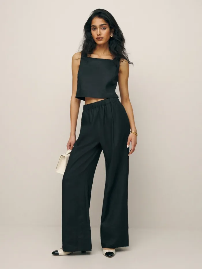 Reformation Pants Fernando Wide Leg Linen Pant Black 8211 Women