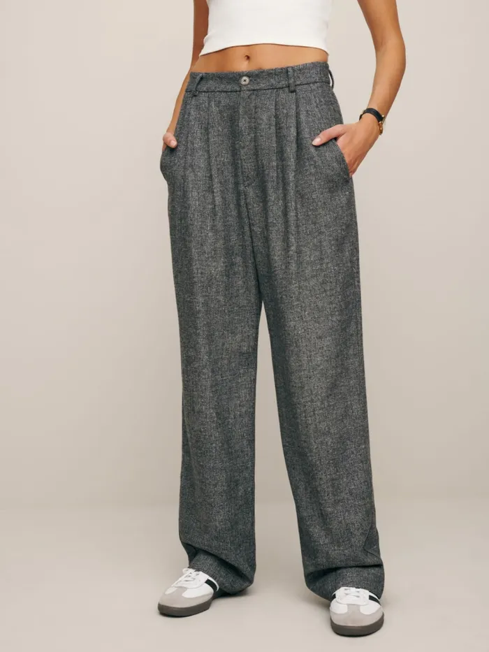 Reformation Pants Petites Mason Wool Pant Black Herringbone 8211 Women