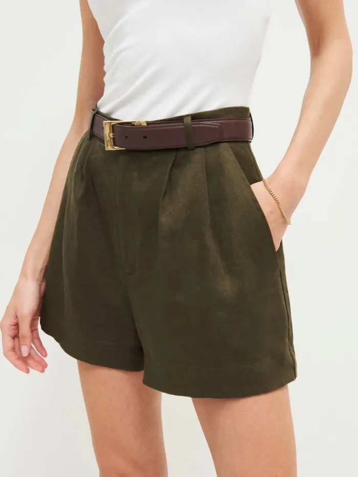 Reformation Shorts Mason Linen Short Dark Olive 8211 Women