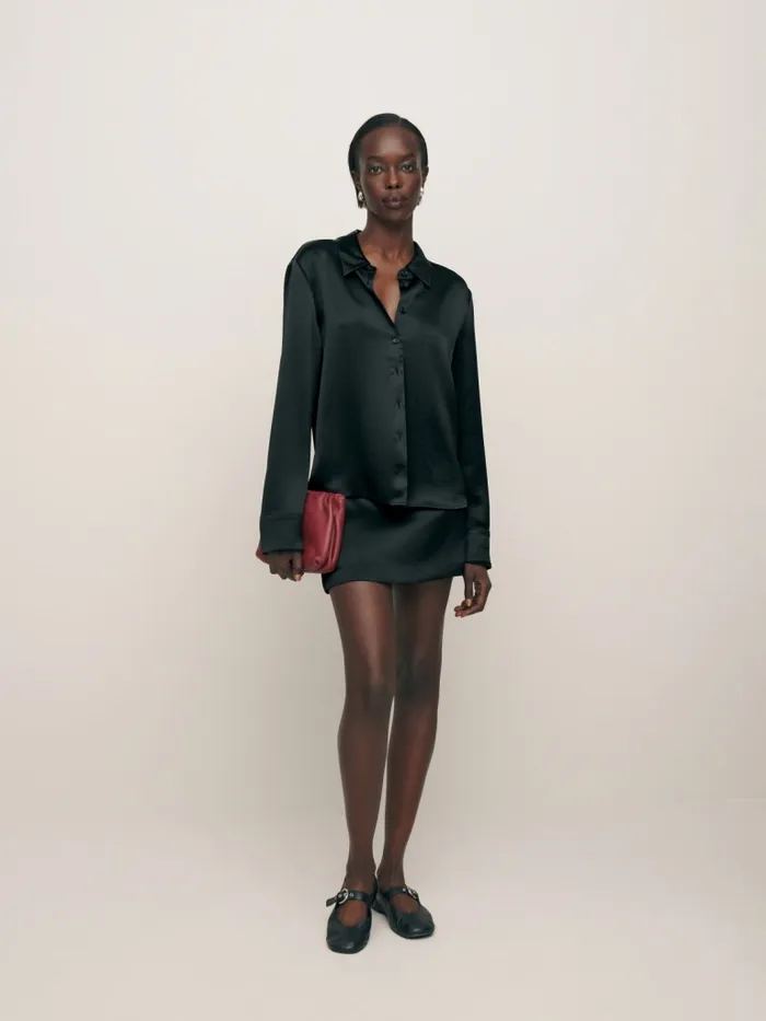 Reformation Skirts Veranda Satin Skirt Black Crinkle 8211 Women