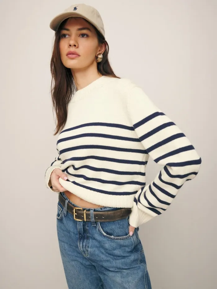 Reformation Sweaters Anna Cotton Crewneck Sweater Gossamer With Navy Stripe 8211 Women