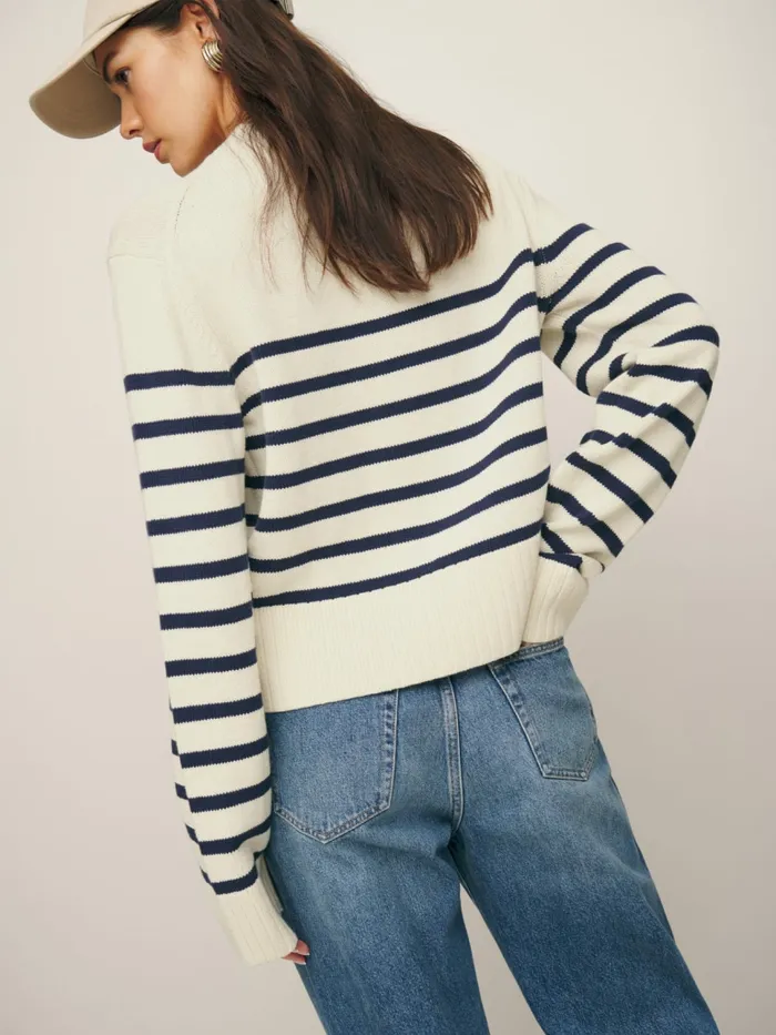 Reformation Sweaters Anna Cotton Crewneck Sweater Gossamer With Navy Stripe 8211 Women