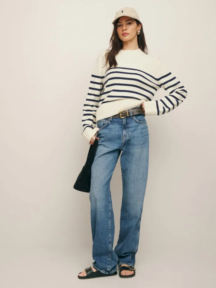 Reformation Sweaters Anna Cotton Crewneck Sweater Gossamer With Navy Stripe 8211 Women