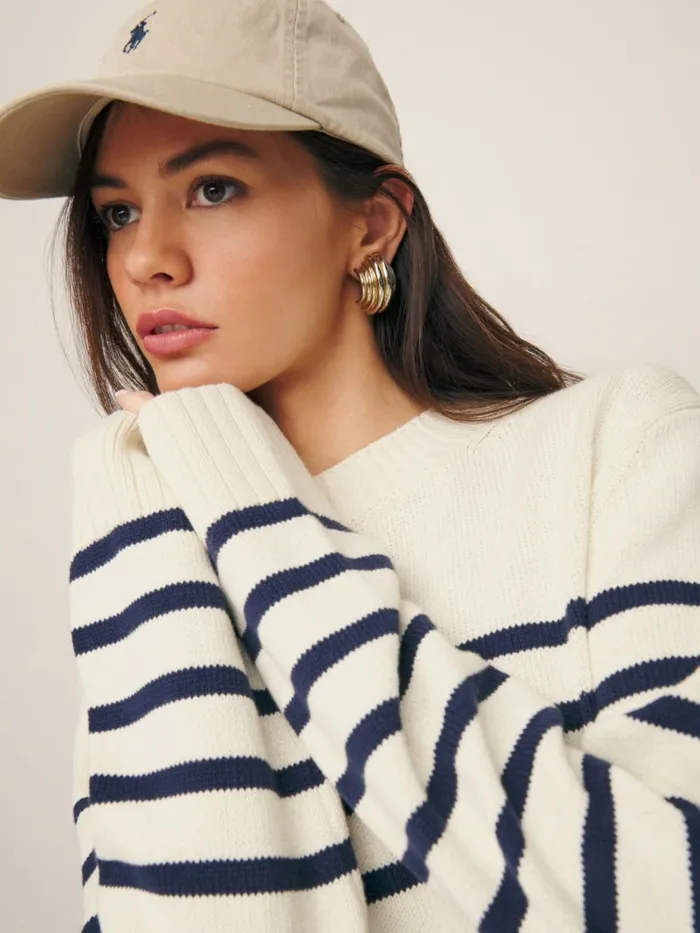 Reformation Sweaters Anna Cotton Crewneck Sweater Gossamer With Navy Stripe 8211 Women