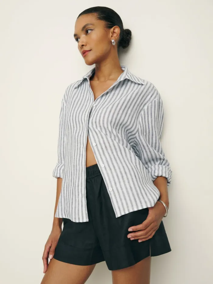 Reformation Tops Andy Oversized Linen Shirt Antibes Stripe 8211 Women
