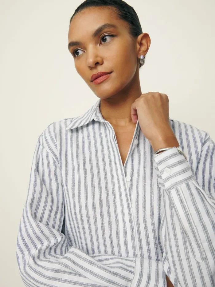 Reformation Tops Andy Oversized Linen Shirt Antibes Stripe 8211 Women