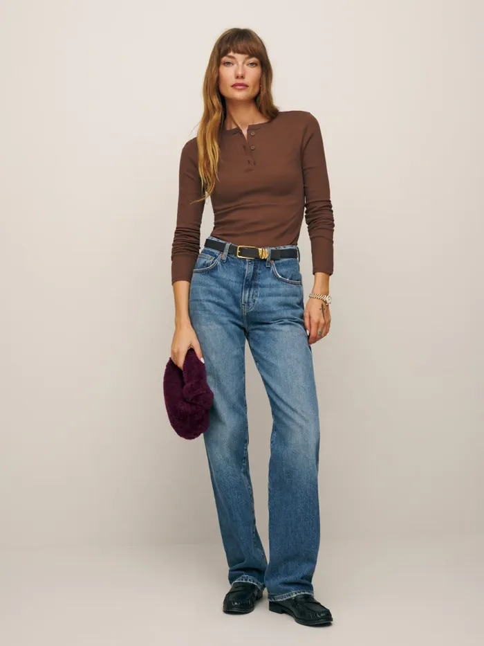 Reformation Tops Hudson Long Sleeve Henley Tee Soil 8211 Women