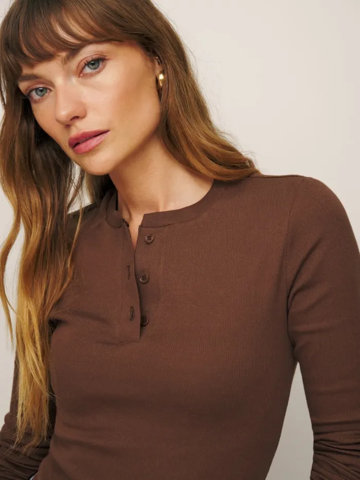 Reformation Tops Hudson Long Sleeve Henley Tee Soil 8211 Women