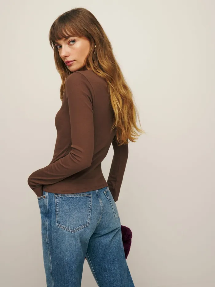 Reformation Tops Hudson Long Sleeve Henley Tee Soil 8211 Women