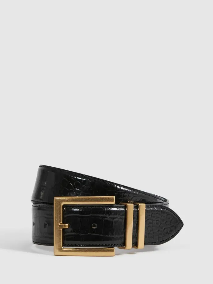 REISS Belts Women Patent Leather Crocodile Design Belt Black
