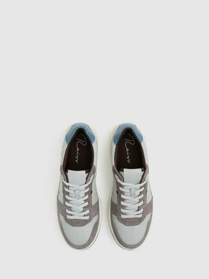 REISS Casual Shoes Men Leather Lace Up Trainers Soft Bluegrey