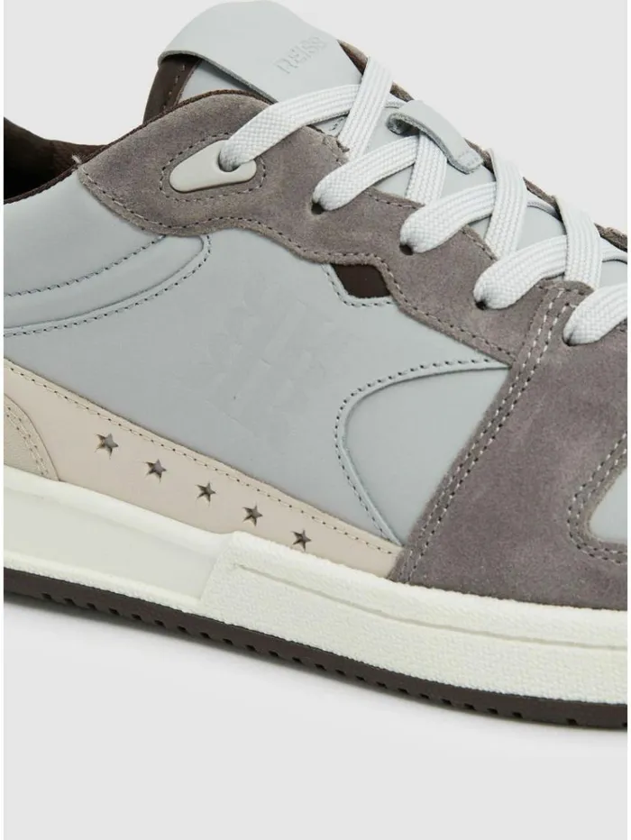 REISS Casual Shoes Men Leather Lace Up Trainers Soft Bluegrey