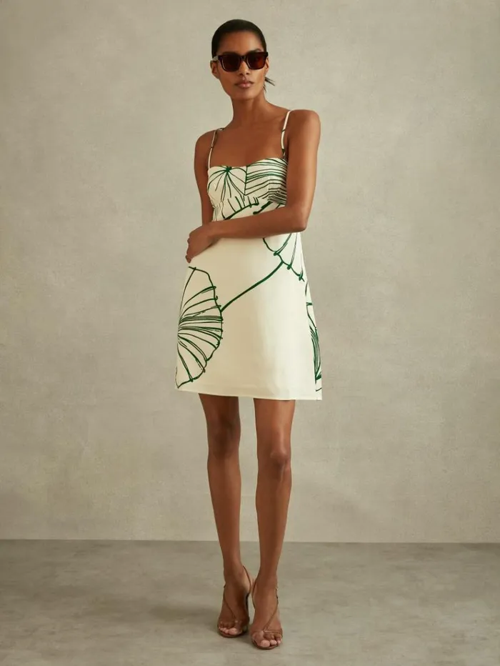 REISS Dresses Women Floral Sketch Removable Strap Mini Dress Whitegreen