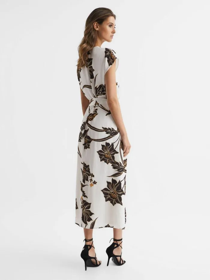 REISS Dresses Women Printed Cap Sleeve Midi Dress Blackwhite