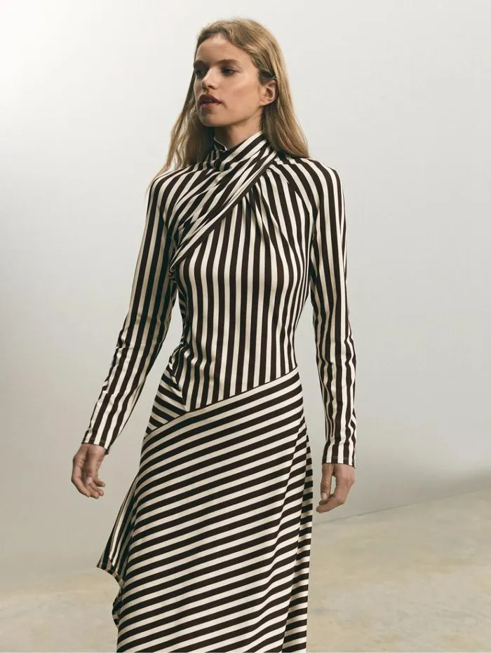 REISS Dresses Women Striped Jersey Asymmetric Midi Dress Browncream