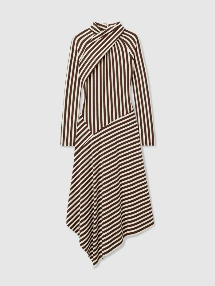 REISS Dresses Women Striped Jersey Asymmetric Midi Dress Browncream
