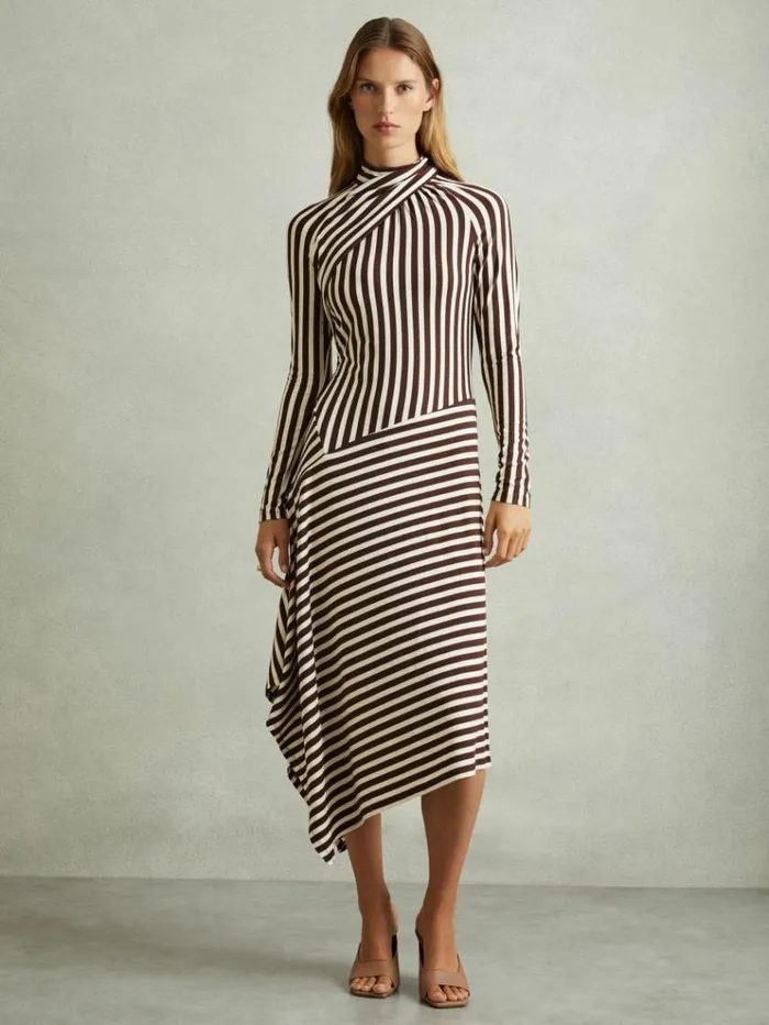REISS Dresses Women Striped Jersey Asymmetric Midi Dress Browncream