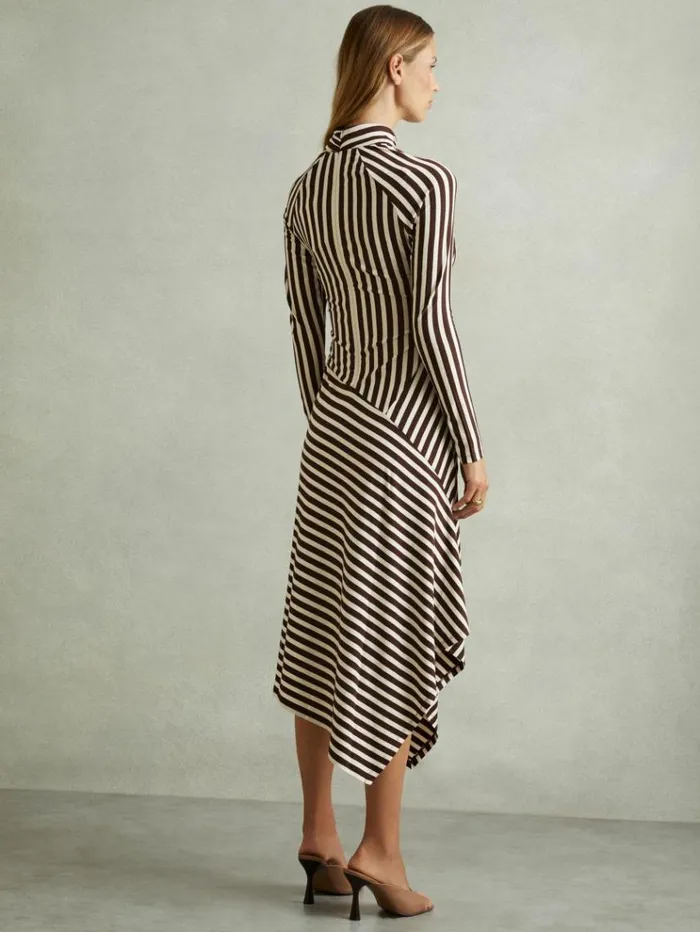 REISS Dresses Women Striped Jersey Asymmetric Midi Dress Browncream