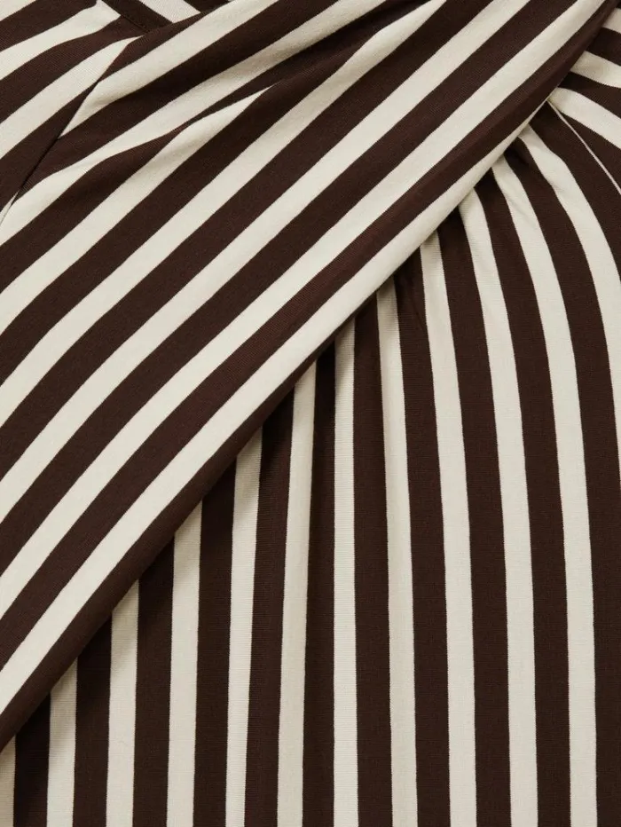 REISS Dresses Women Striped Jersey Asymmetric Midi Dress Browncream