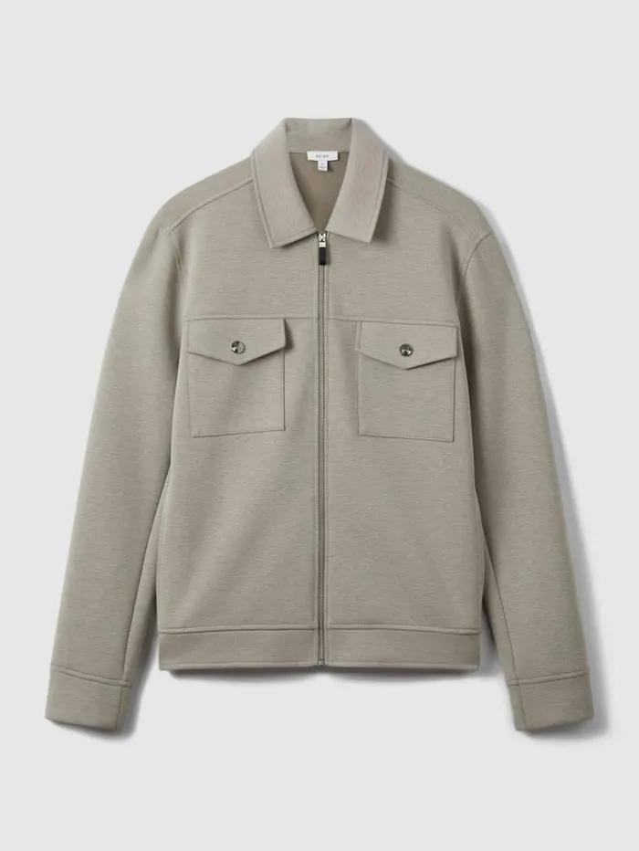 REISS Shirts Men Zipped InterlockJersey Overshirt Taupe