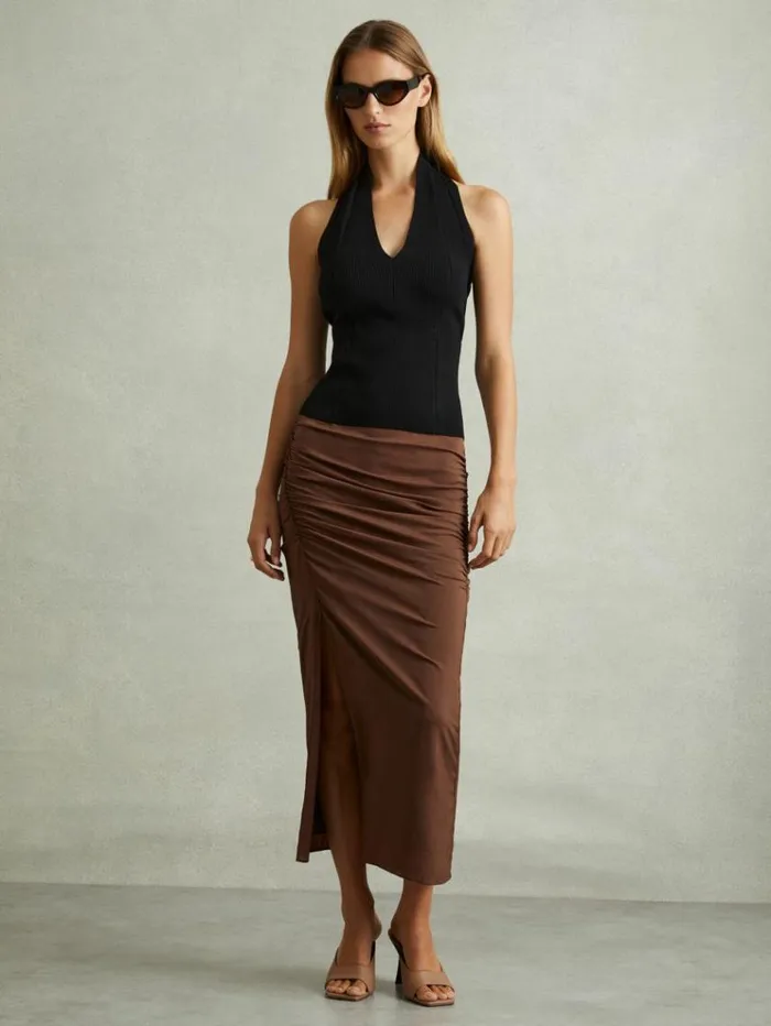 REISS Skirts Women Ruched Front Split Midi Skirt Chocolate