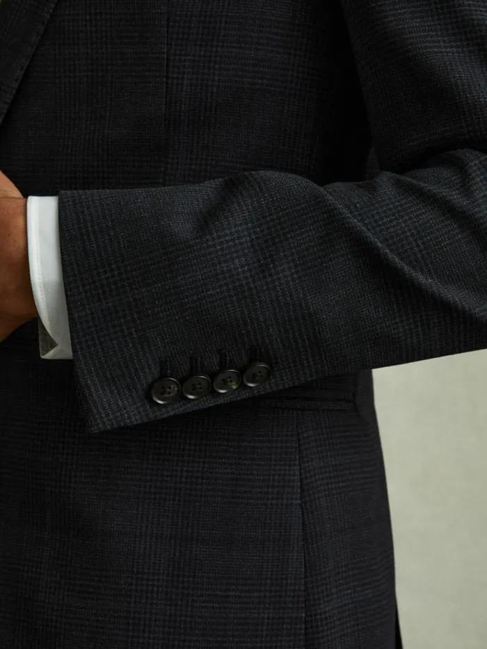 REISS Suits and Tailoring Men Wool Blend Prince Of Wales Check Single Breasted Blazer Navy