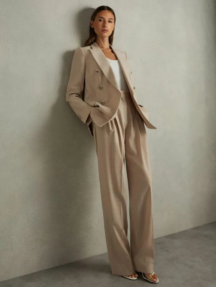 REISS Suits and Tailoring Women Wool Pleat Front Wide Leg Suit Trousers Neutral
