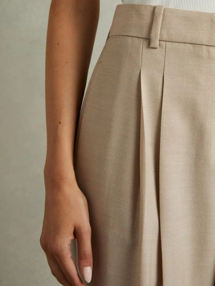 REISS Suits and Tailoring Women Wool Pleat Front Wide Leg Suit Trousers Neutral