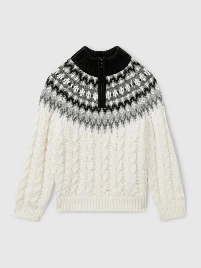 REISS Sweaters Children FairIsle Cabled Jumper With Cotton And Wool Whitegreyblack