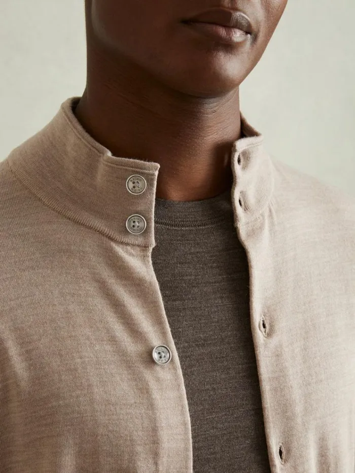 REISS Sweaters Men Merino Wool ButtonThrough Funnel Neck Cardigan Wheat Melange