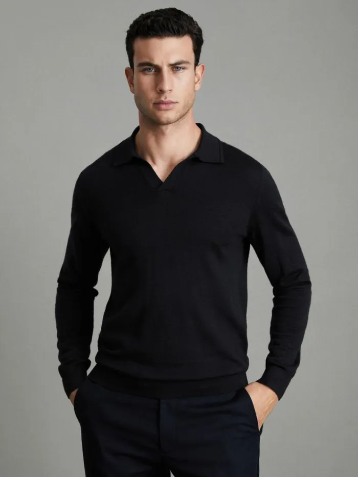 REISS Sweaters Men Merino Wool Open Collar Polo Shirt Navy