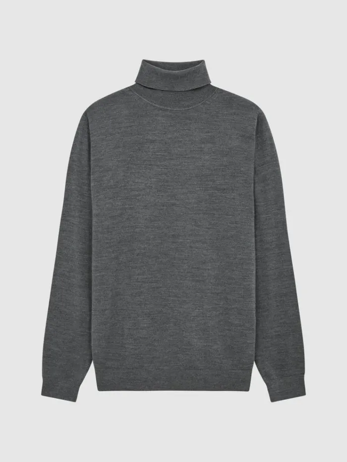 REISS Sweaters Men Slim Fit Merino Wool Roll Neck Jumper Derby Grey Marl