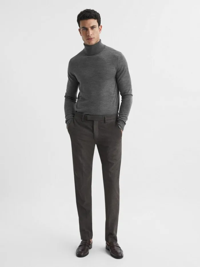 REISS Sweaters Men Slim Fit Merino Wool Roll Neck Jumper Derby Grey Marl