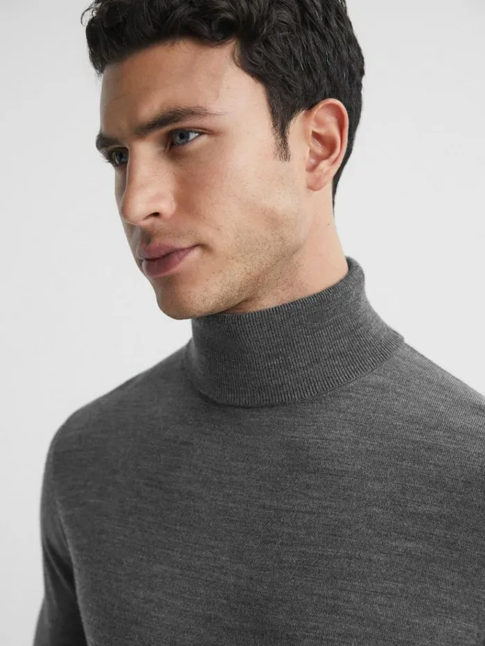 REISS Sweaters Men Slim Fit Merino Wool Roll Neck Jumper Derby Grey Marl