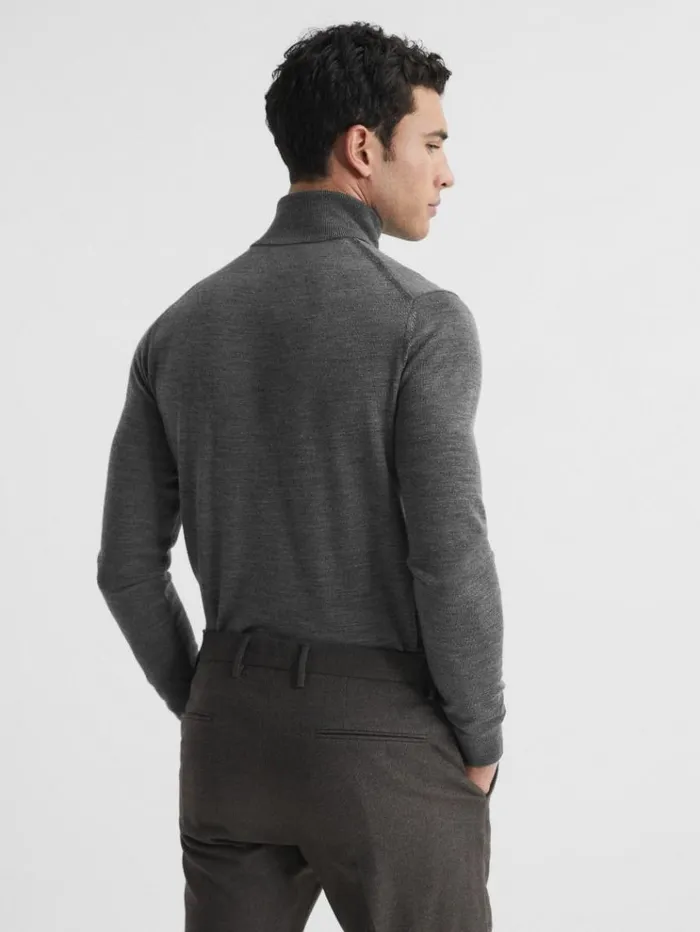 REISS Sweaters Men Slim Fit Merino Wool Roll Neck Jumper Derby Grey Marl