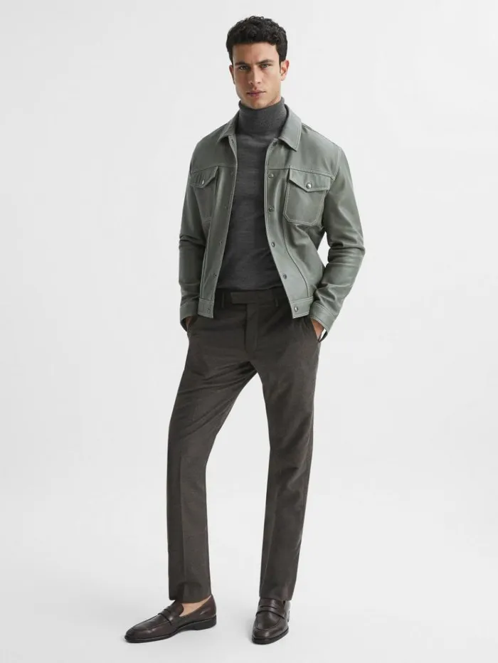 REISS Sweaters Men Slim Fit Merino Wool Roll Neck Jumper Derby Grey Marl