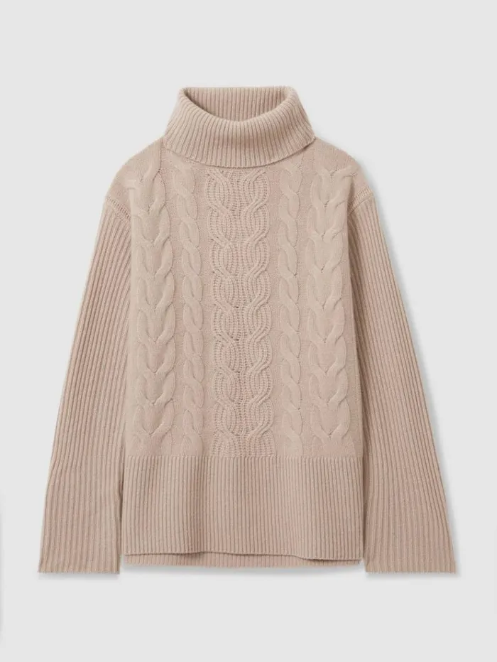REISS Sweaters Women WoolCashmere Cable Knit Roll Neck Jumper Mink