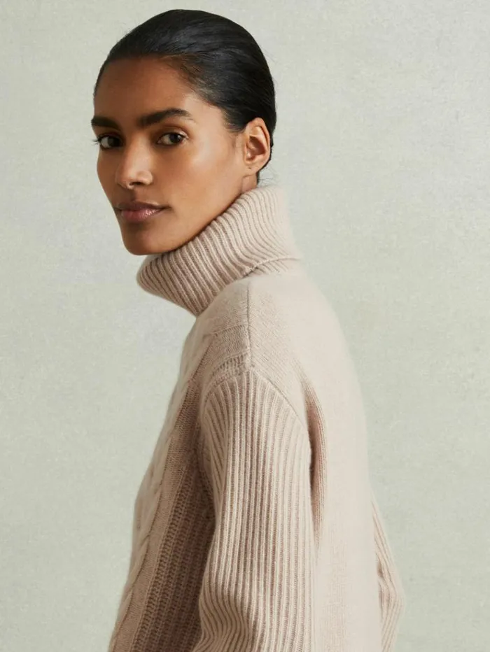 REISS Sweaters Women WoolCashmere Cable Knit Roll Neck Jumper Mink